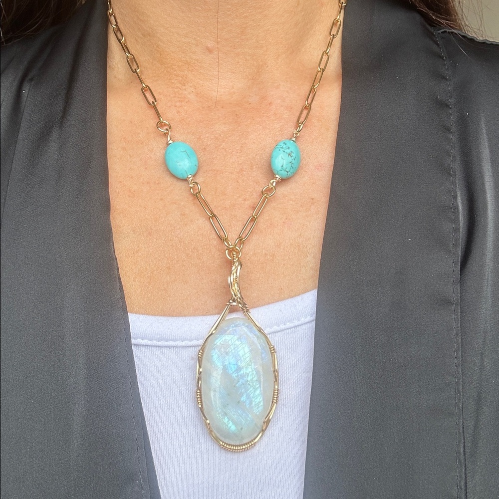 Moonstone and Magnesite 14k Gold Filled Paperclip Chain Necklace